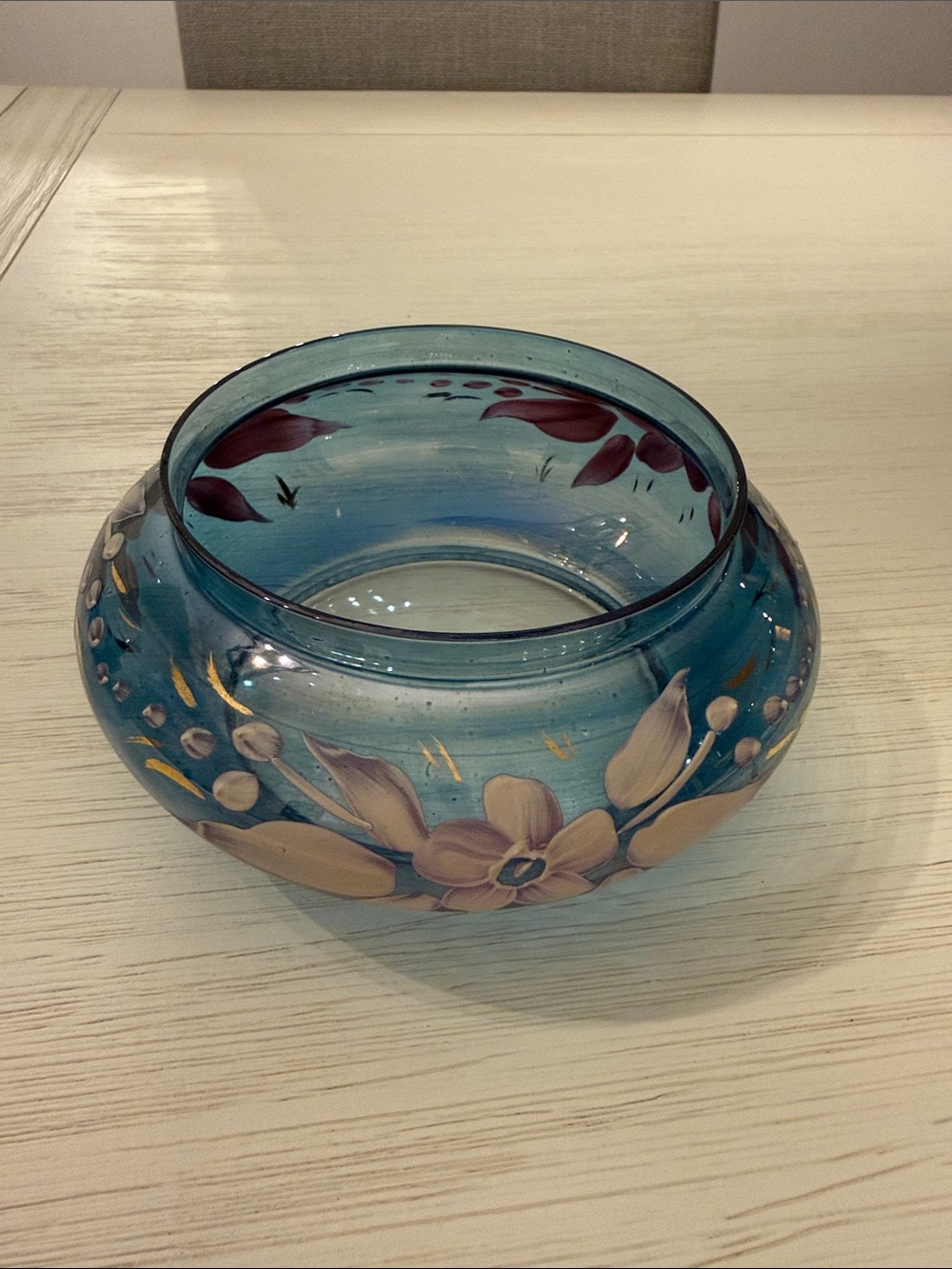 Hand-Painted Blue Glass Floral Bowl